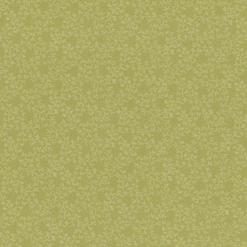 Light olive green background with subtle, intertwining vine and leaf patterns.