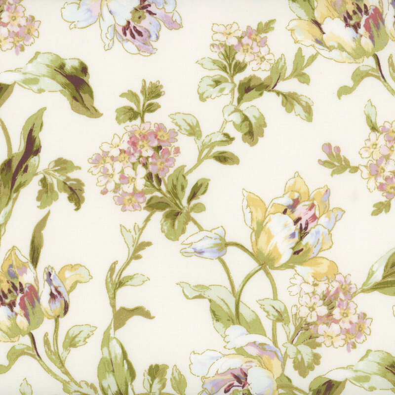 Floral pattern with soft purple, pink, and yellow flowers against a cream background.