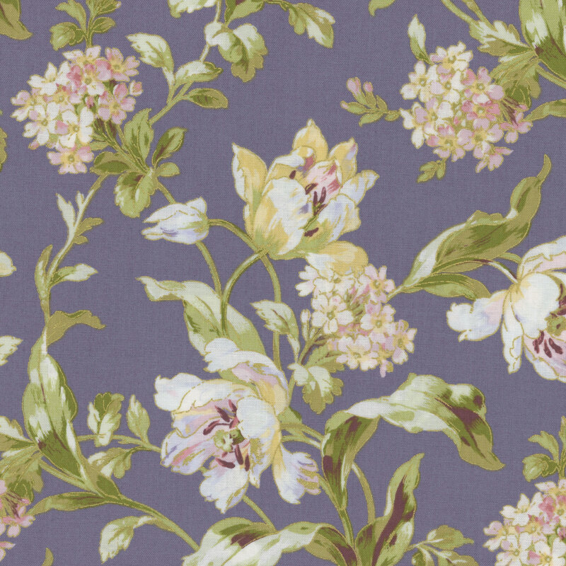 Floral pattern with soft purple, pink, and yellow flowers against a mauve background.