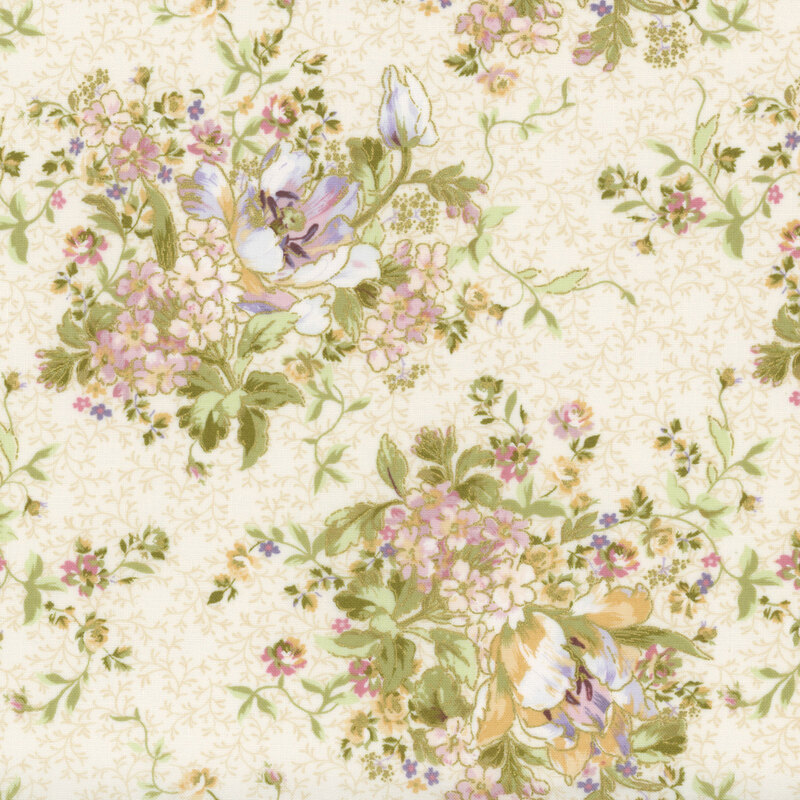 Floral fabric pattern featuring pink, yellow, and purple flowers on a light cream background.