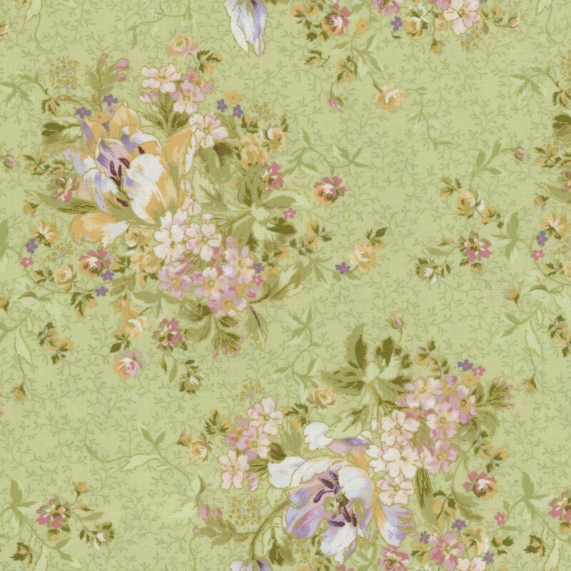 Floral fabric pattern featuring pink, yellow, and purple flowers on a light green background.