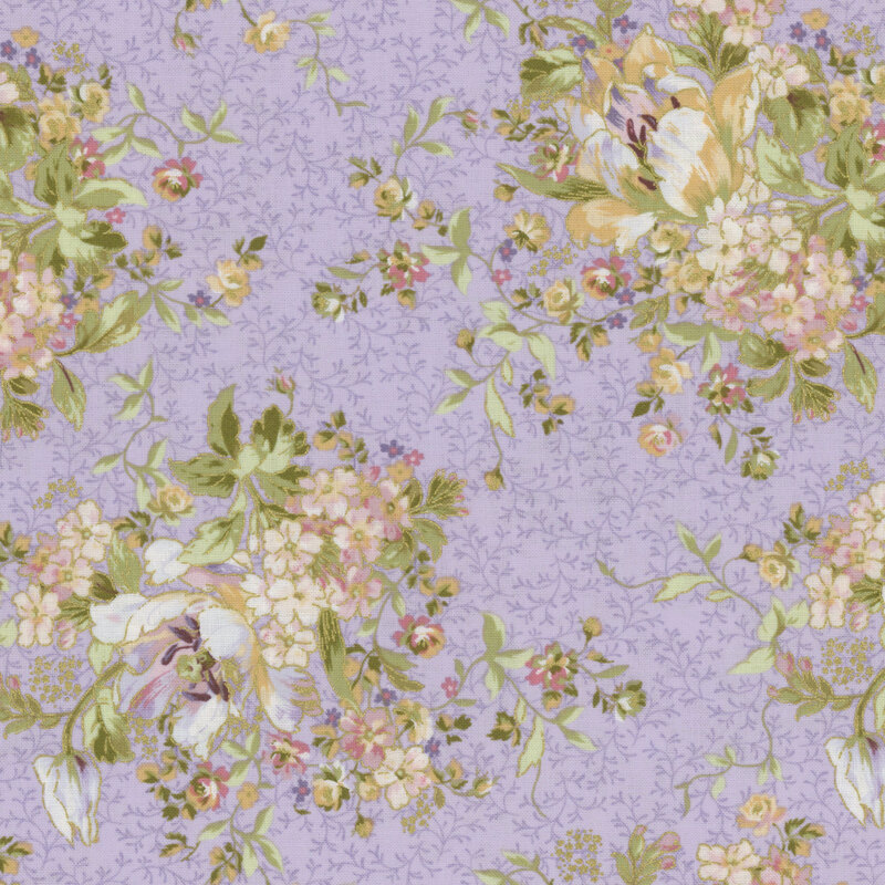 Floral fabric pattern featuring pink, yellow, and purple flowers on a light purple background.