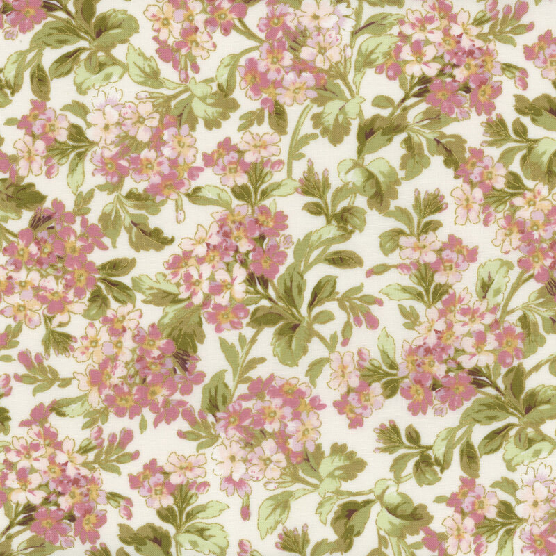 Floral pattern featuring pink flowers and green leaves on a cream background.