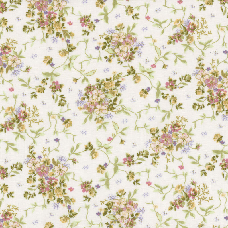 Floral pattern featuring pink, yellow, and purple flowers with green vines on a light cream background.