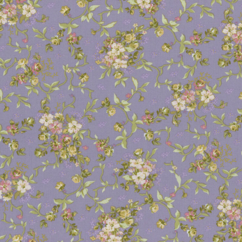 Floral pattern featuring pink, yellow, and purple flowers with green vines on a muted purple background.