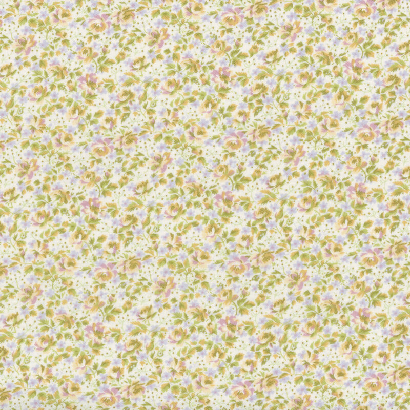 A repeating floral pattern featuring yellow and pink roses on a cream background.