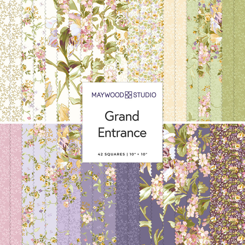 A collection of fabric squares in floral and pastel patterns labeled Grand Entrance