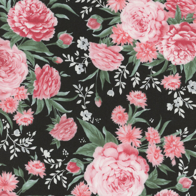 A dark background patterned with various pink and white flowers and green leaves.