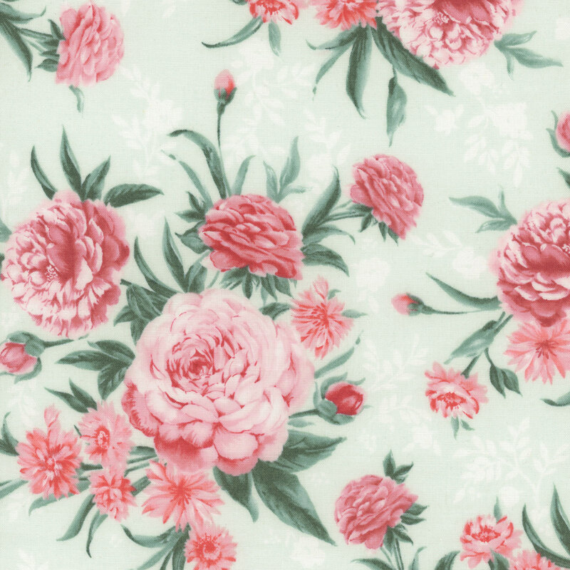 Floral pattern featuring pink peonies, roses, and other flowers on a mint green background.