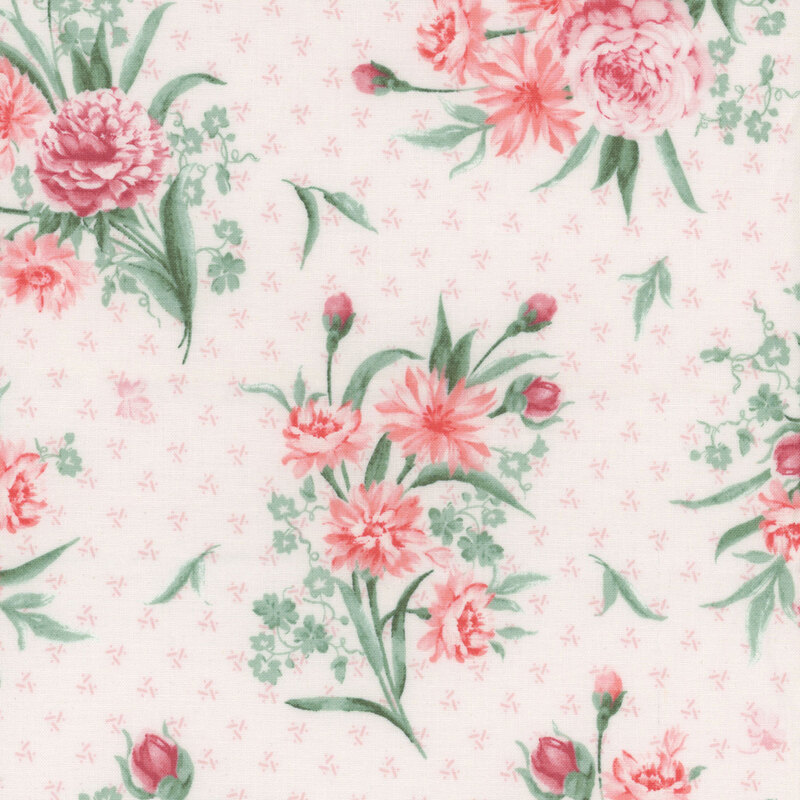 A decorative floral pattern with pink flowers and green leaves on a light pink background.