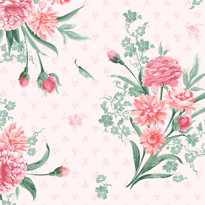 A decorative floral pattern with pink flowers and green leaves on a light pink background.