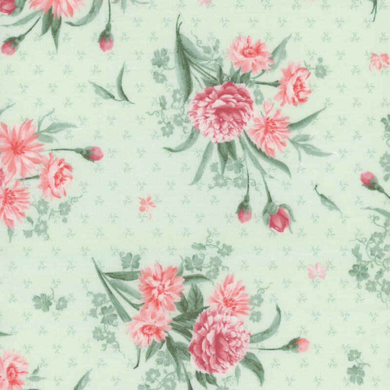 Floral pattern featuring pink flowers, green leaves, and a light mint background with subtle details.