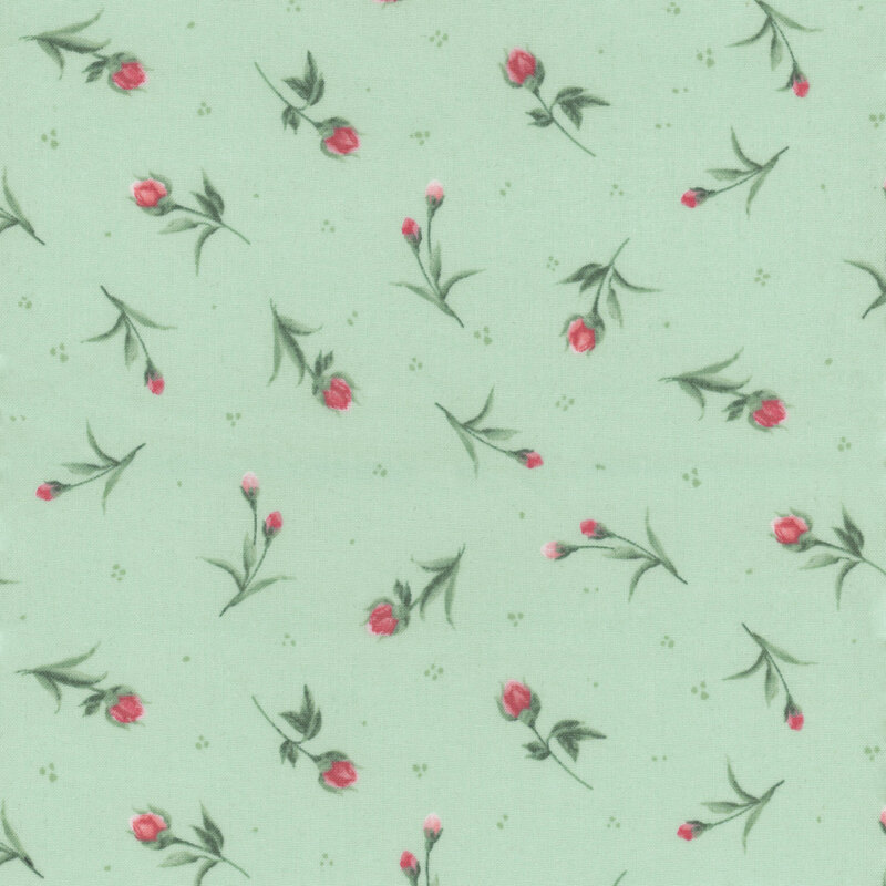 Light green background with a repeated pattern of pink rosebuds and green leaves.