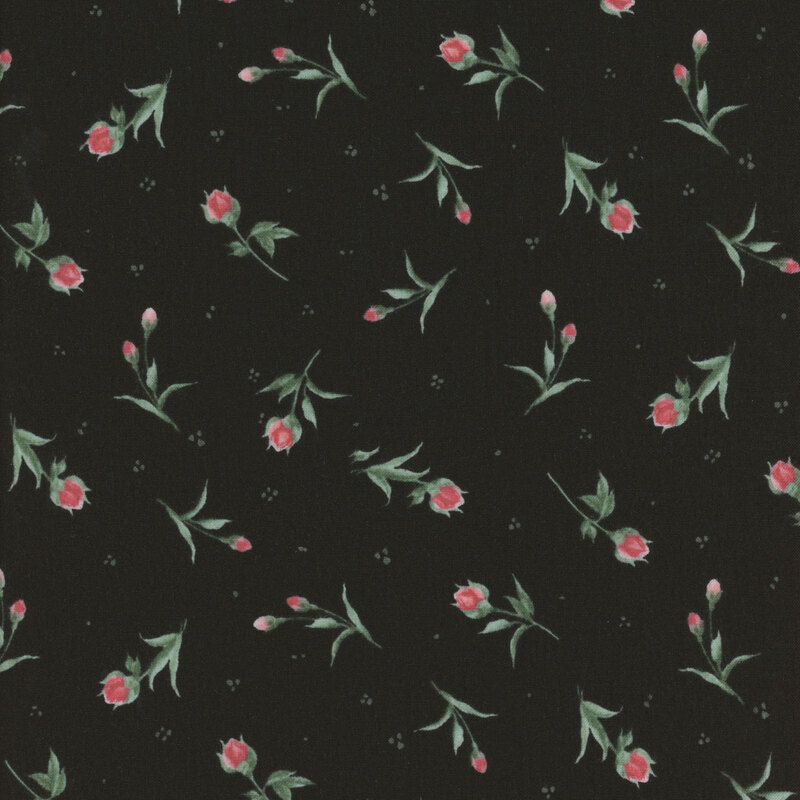 Pattern of pink buds and green leaves on a dark background.