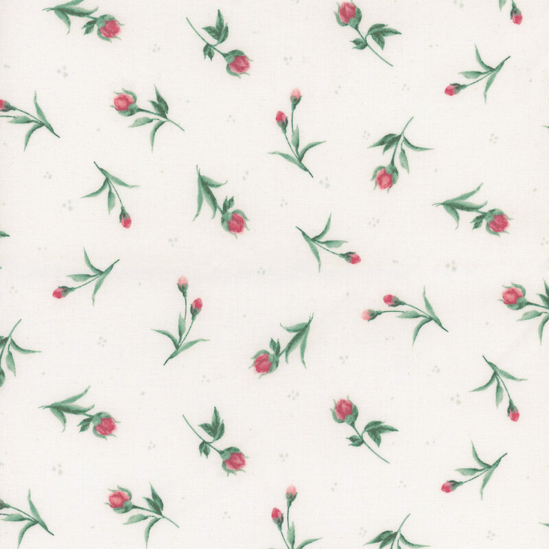 A seamless pattern of pink roses and green leaves on a white background. 