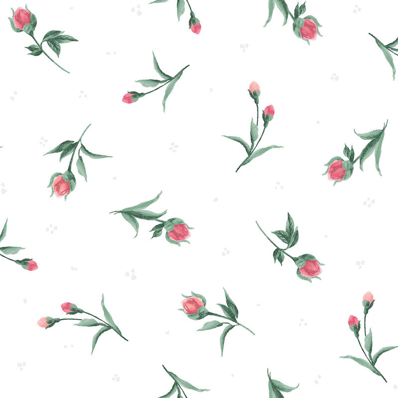 A seamless pattern of pink roses and green leaves on a white background. 