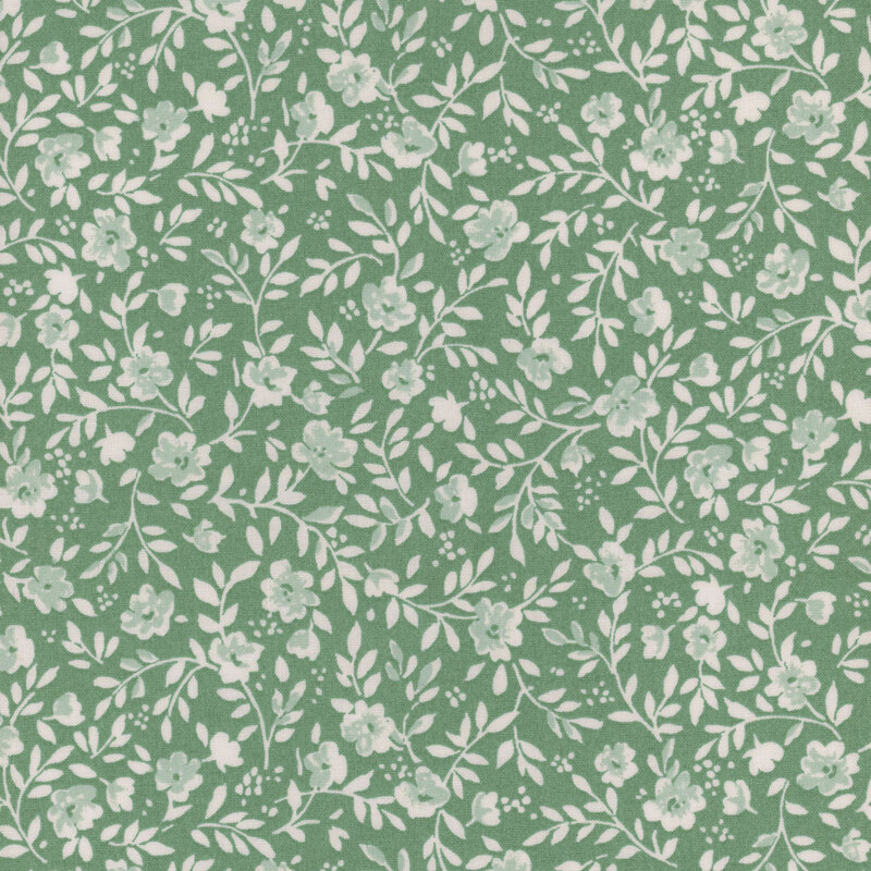 Pattern of white flowers and leaves on a soft green background. Floral design with intricate details.