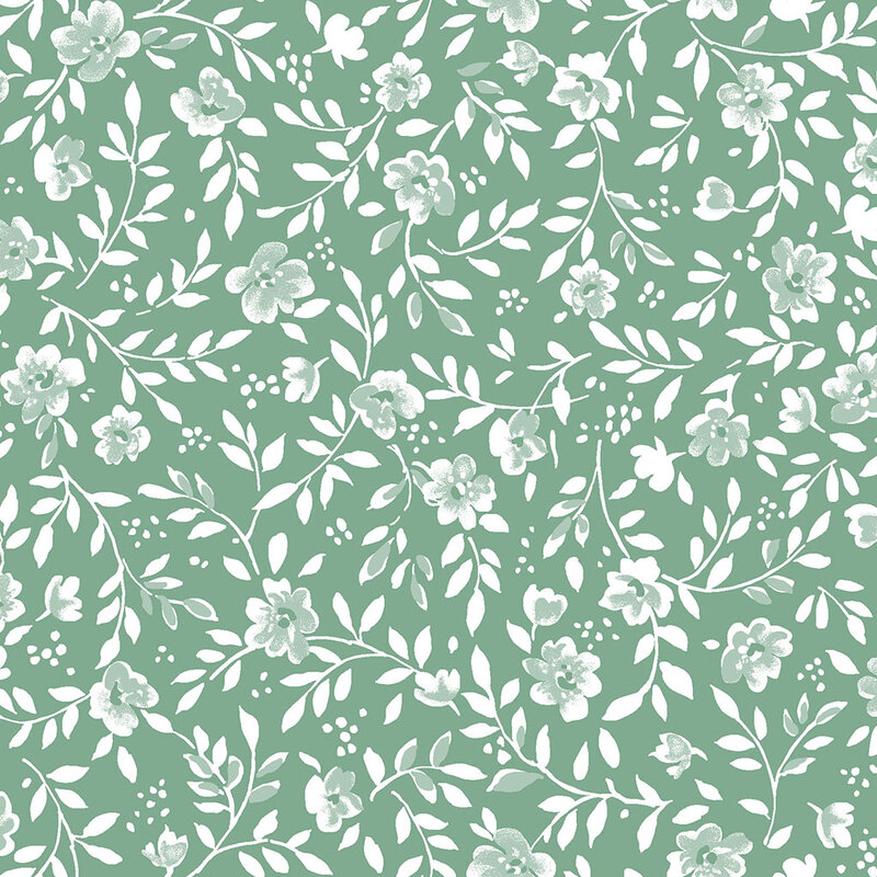 Pattern of white flowers and leaves on a soft green background. Floral design with intricate details.