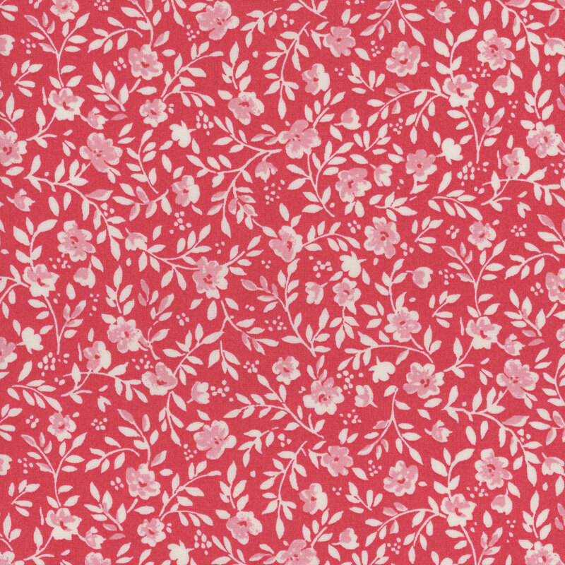 Pink floral pattern featuring various flowers and leaves against a solid pink background.