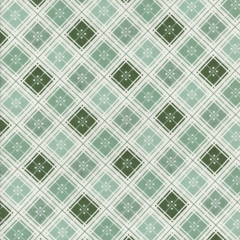 Green and white diamond-patterned texture with intersecting stripes and small decorative dots.