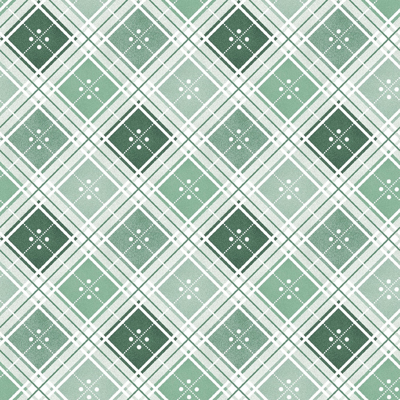 Green and white diamond-patterned texture with intersecting stripes and small decorative dots.