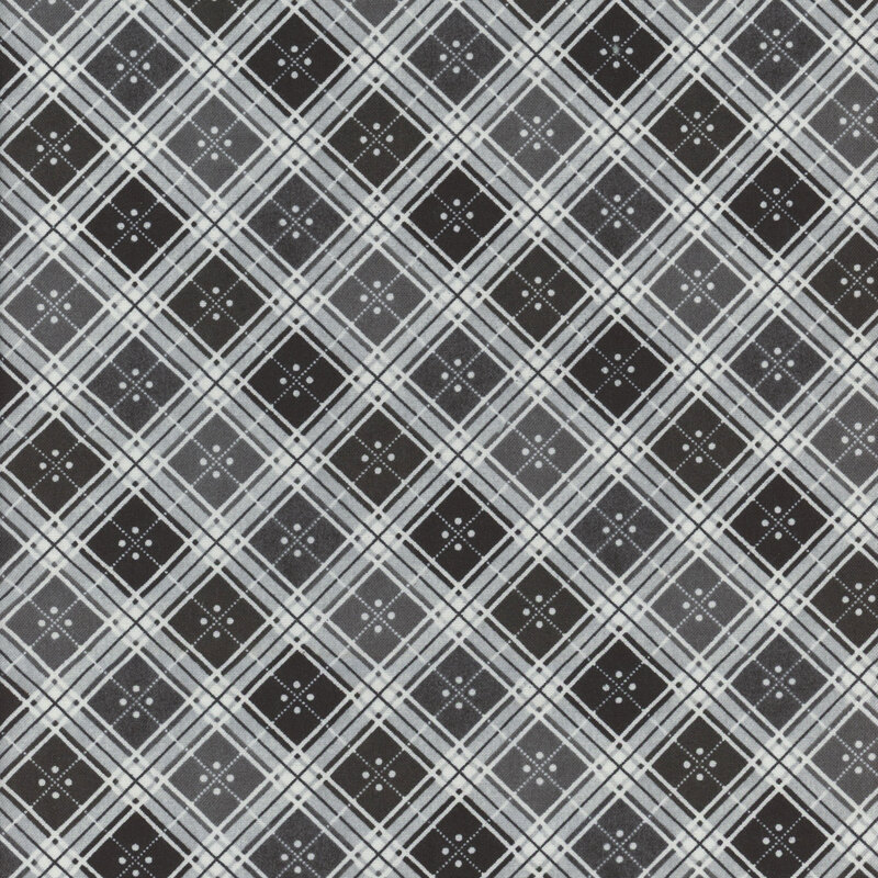 A geometric pattern featuring overlapping diamond shapes in shades of gray and black with white lines.