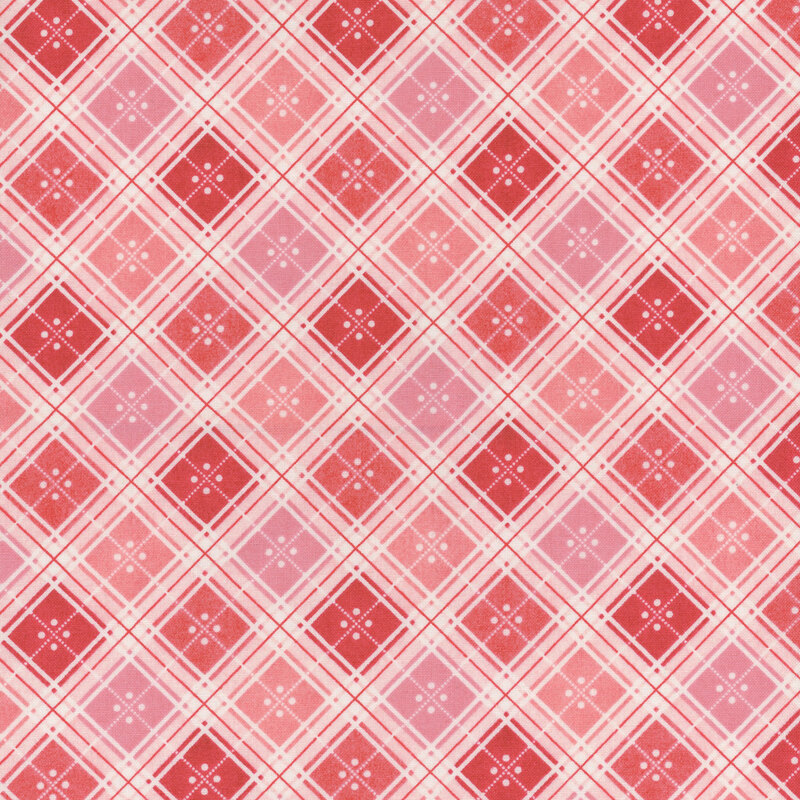 Pink and red plaid pattern with white lines and diamond shapes, creating a textured design.