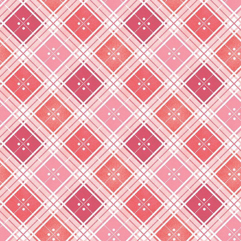 Pink and red plaid pattern with white lines and diamond shapes, creating a textured design.