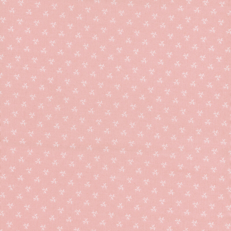 Light pink background with a repetitive pattern of small white flowers scattered across.