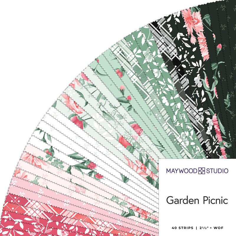 A collection of fabric strips in floral and geometric patterns, labeled Garden Picnic.