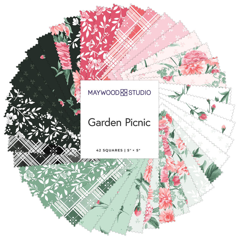 A circular arrangement of fabric swatches in various floral and check patterns, labeled Garden Picnic.