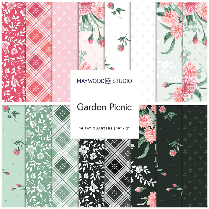 A collection of 16 fabric patterns in pink, green, and black, featuring floral and geometric designs.