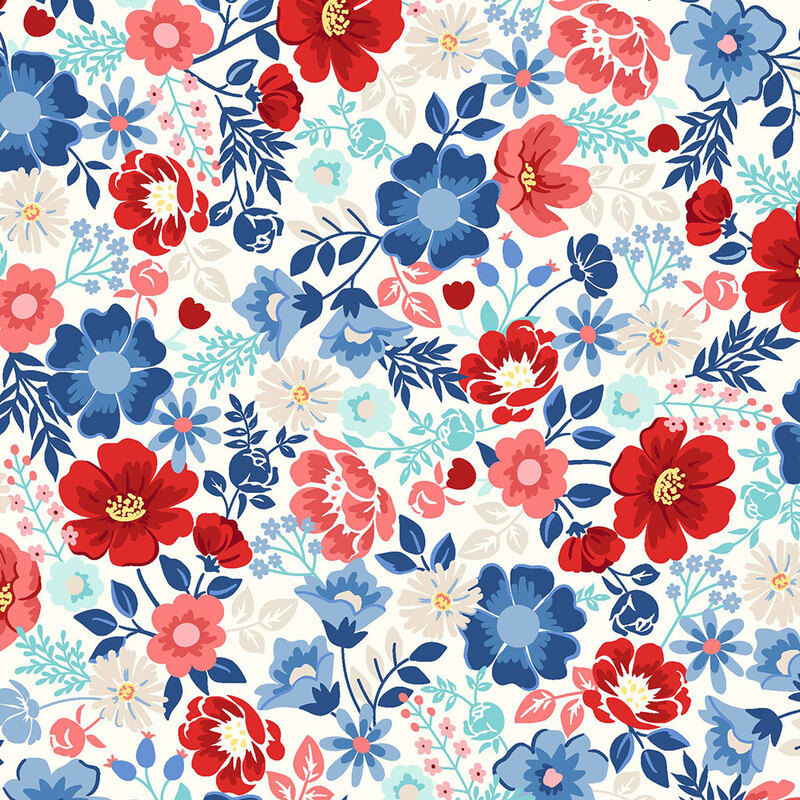 Pattern of colorful flowers in red, blue, and pastel shades on a light background.