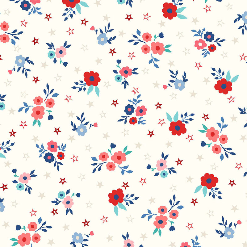 Pattern featuring red, pink, and blue flowers on a cream background with scattered stars.