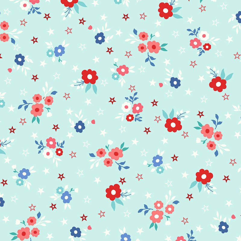 A light blue background featuring a scattered pattern of red, pink, and blue flowers with stars.