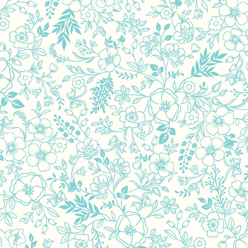 A seamless pattern of delicate turquoise flowers and leaves on a light background.