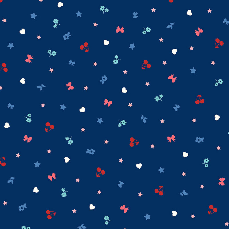 Pattern of small, colorful shapes including hearts, stars, flowers, and cherries on a dark blue background.