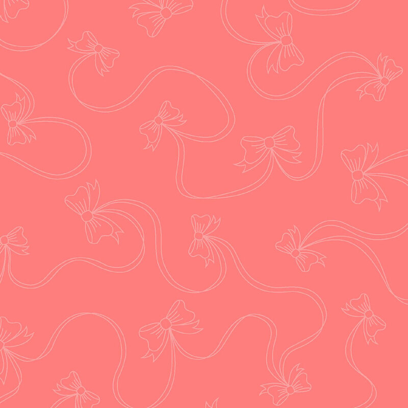 Coral background with a repeated pattern of delicate, white bows and swirling ribbons.