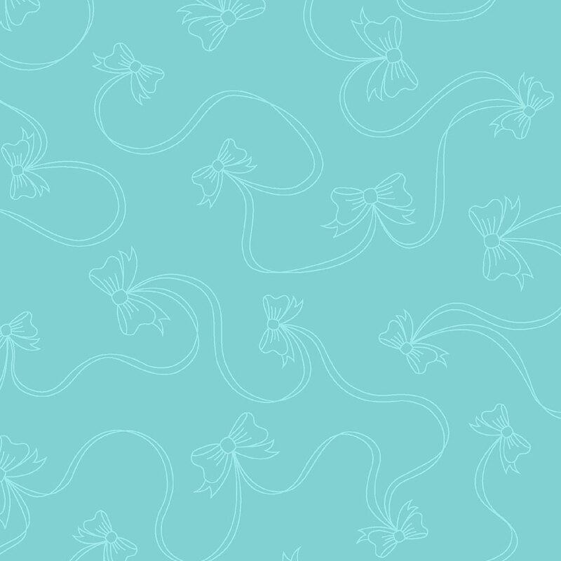 Light teal background featuring a repeating pattern of outlined bows and swirling ribbons.