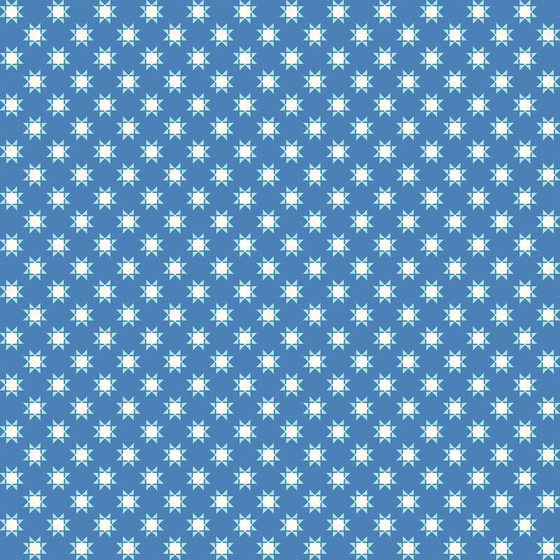 Repeating pattern of white sun shapes on a blue background.