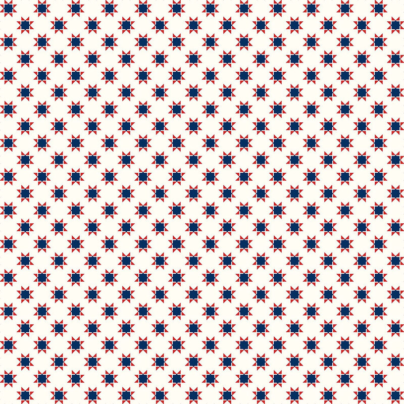 Repeating pattern of red and navy blue stars on a white background.