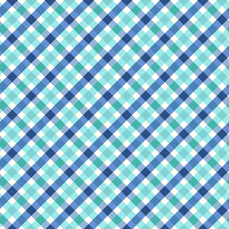 A diagonal checkered pattern featuring shades of blue and light teal squares on a white background.