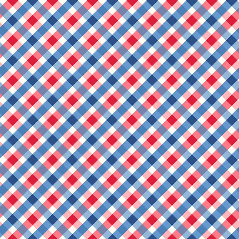 A textile pattern featuring red, white, and blue diagonal squares in a checkered design.