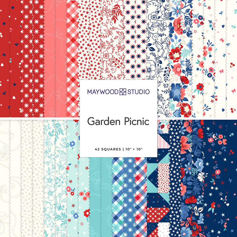 Fabric swatch collection titled Garden Picnic by Maywood Studio, featuring 42 colorful squares.