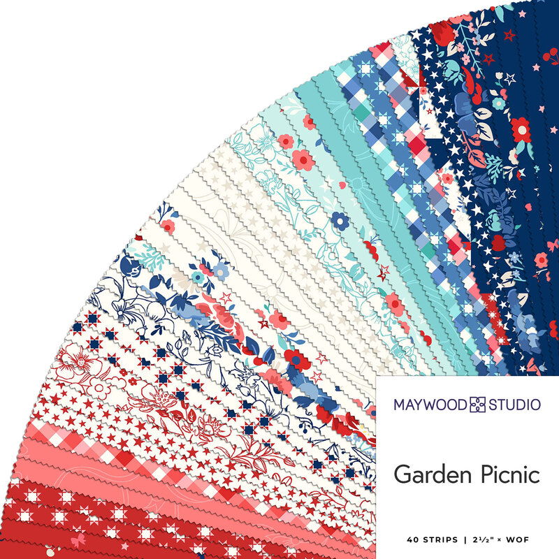 Colorful fabric strips arranged in a circular display, labeled Garden Picnic by Maywood Studio.