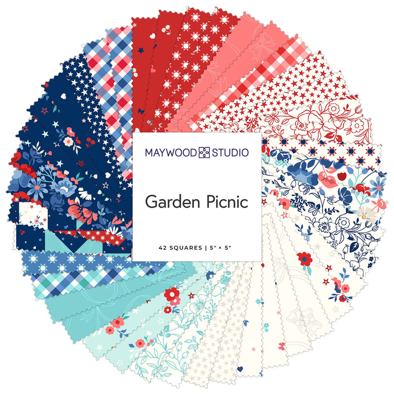 Colorful fabric squares arranged in a circular pattern, labeled Garden Picnic by Maywood Studio.