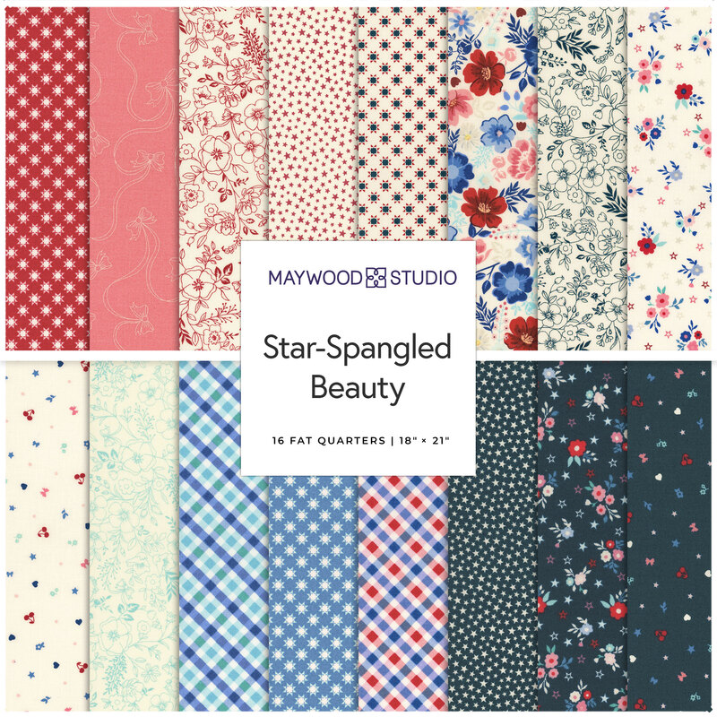 Stacked collage titled Star-Spangled Beauty by Maywood Studio, featuring 16 colorful fat quarters with various patterns.