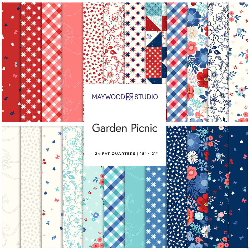 Image of a fabric collection titled Garden Picnic by Maywood Studio, featuring 24 colorful fat quarters with various patterns.