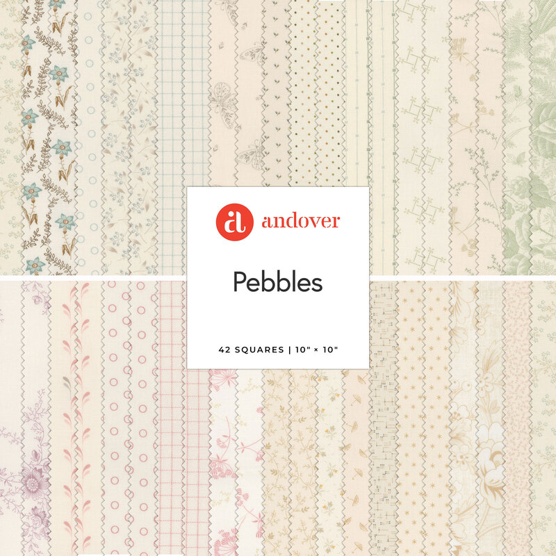 Fabric swatch collection titled Pebbles with 42 patterned squares in soft pastel colors.