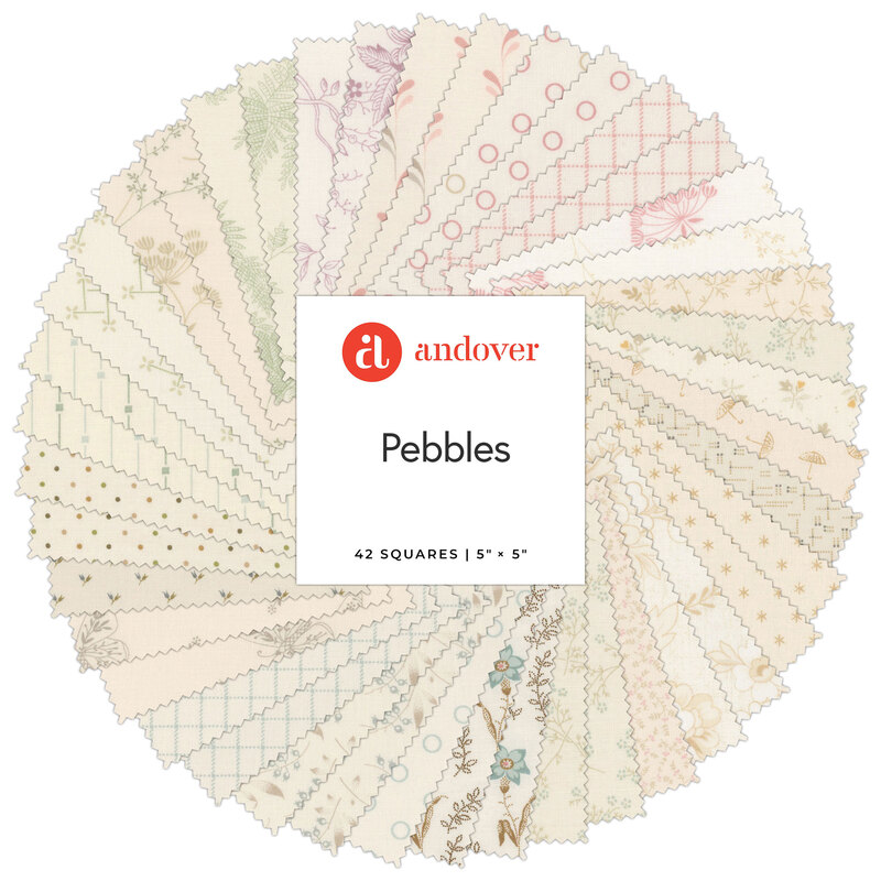 A circular arrangement of 42 fabric squares in pastel colors and various patterns, labeled Pebbles.